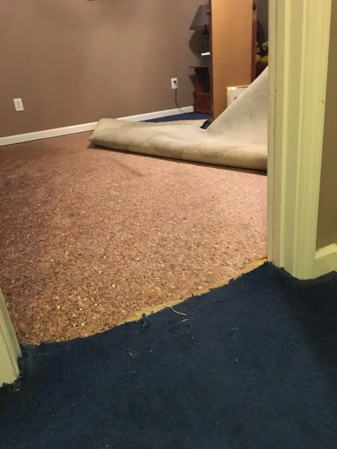 Carpet pad removal revealing water damage during Water Mitigation Services in Carthage